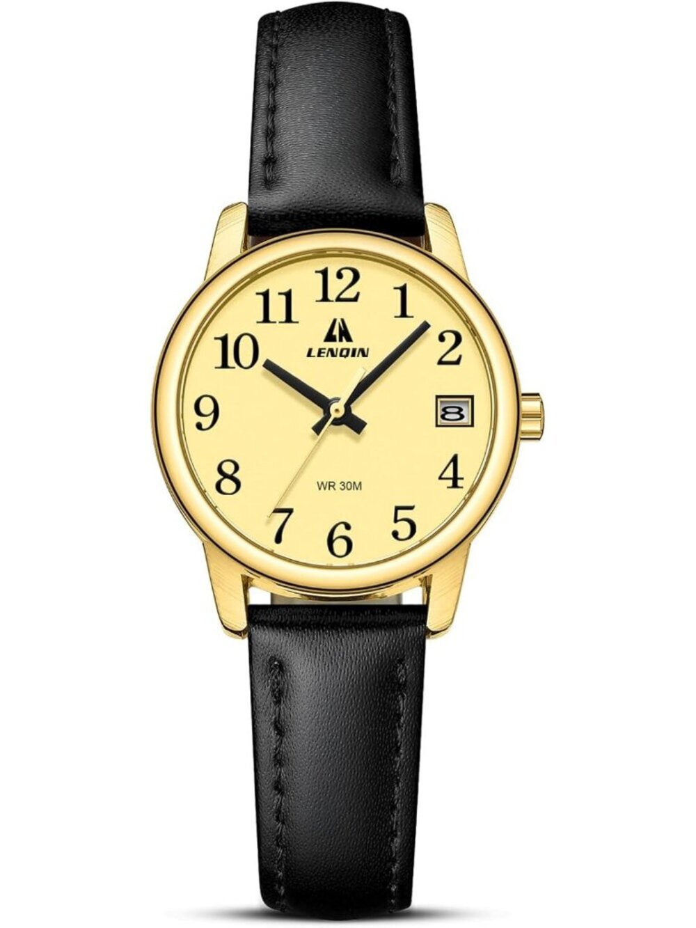 Women's Gold Black Leather Strap Analog Quartz Luminous Dial Waterproof Watch